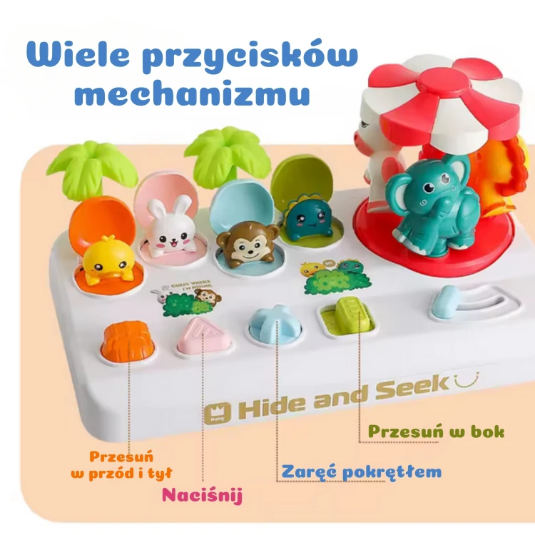 Zbliżenie na mechanizm Pop Up i kolorowe elementy karuzeli WOOPIE BABY — widoczne części i uchwyt 88