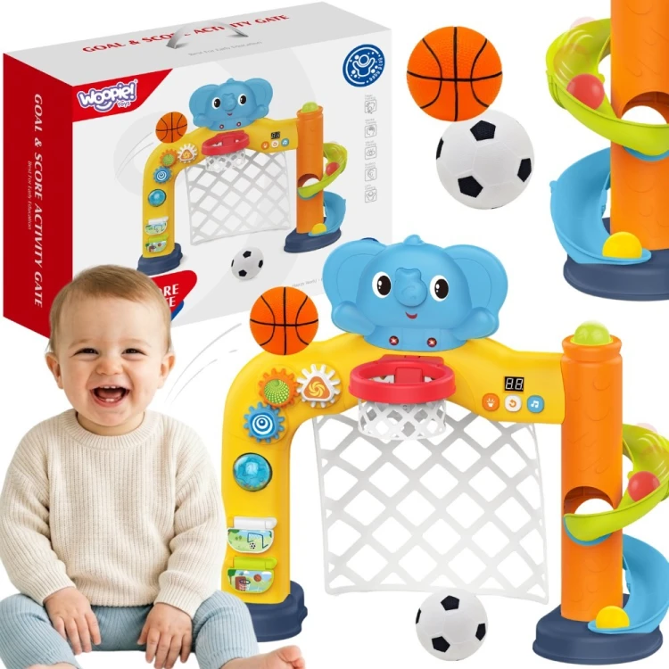 Interaktywne Centrum Sportowe Woopie Baby 2w1 z bramką do piłki nożnej i koszem do koszykówki, widok całości