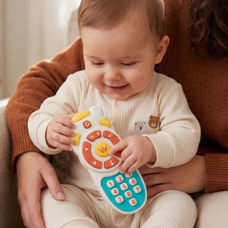Zbliżenie na panel z przyciskami pilocika WOOPIE BABY — kolorowe detale i ikony widoczne