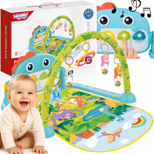 Mata z pałąkiem Dino WOOPIE BABY 88 — kolorowa mata edukacyjna z wiszącymi zabawkami dla niemowląt