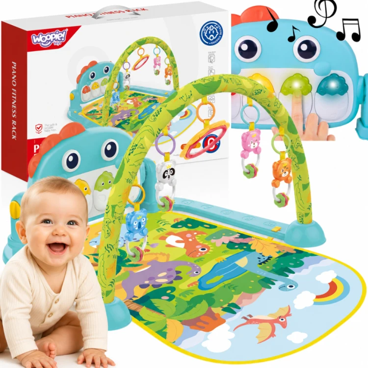 Mata z pałąkiem Dino WOOPIE BABY 88 — kolorowa mata edukacyjna z wiszącymi zabawkami dla niemowląt