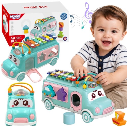 Samochodzik muzyczny sorter WOOPIE BABY (marka 88) — zielony pojazd z cymbałkami i elementami do sortowania