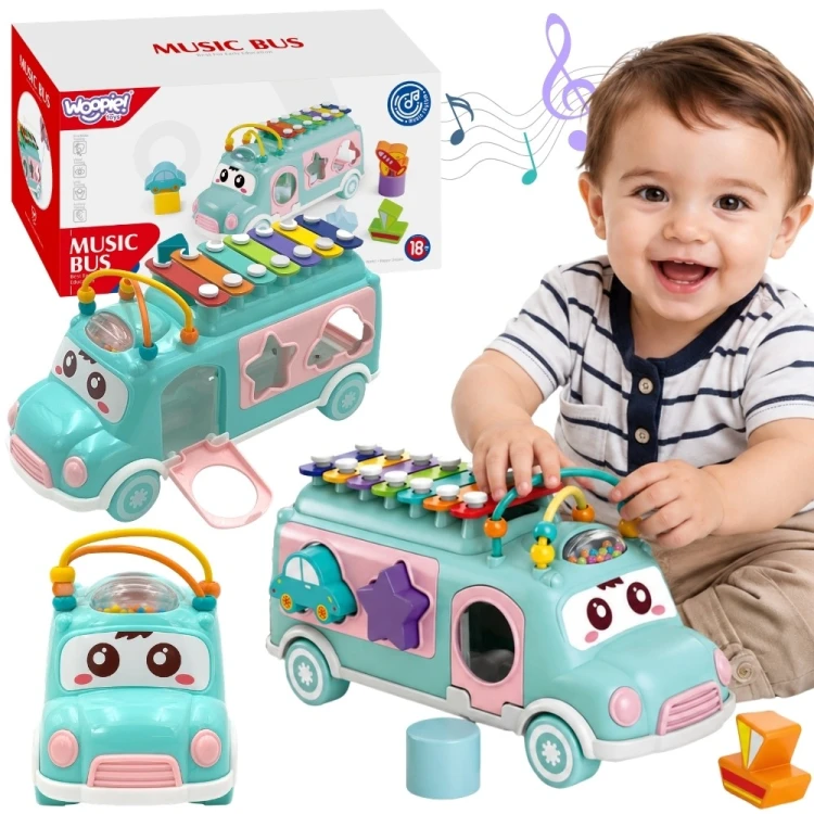 Samochodzik muzyczny sorter WOOPIE BABY (marka 88) — zielony pojazd z cymbałkami i elementami do sortowania