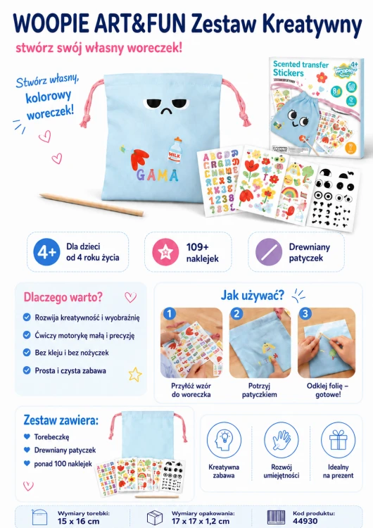 Instrukcja krok po kroku w zestawie WOOPIE — schematy i wskazówki przy tworzeniu personalizowanej torebki.