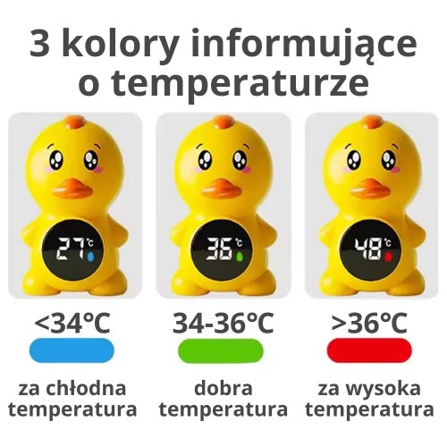 Zbliżenie na cyfrowy wyświetlacz termometru Kaczuszka WOOPIE BABY 88 pokazujący pomiar temperatury wody