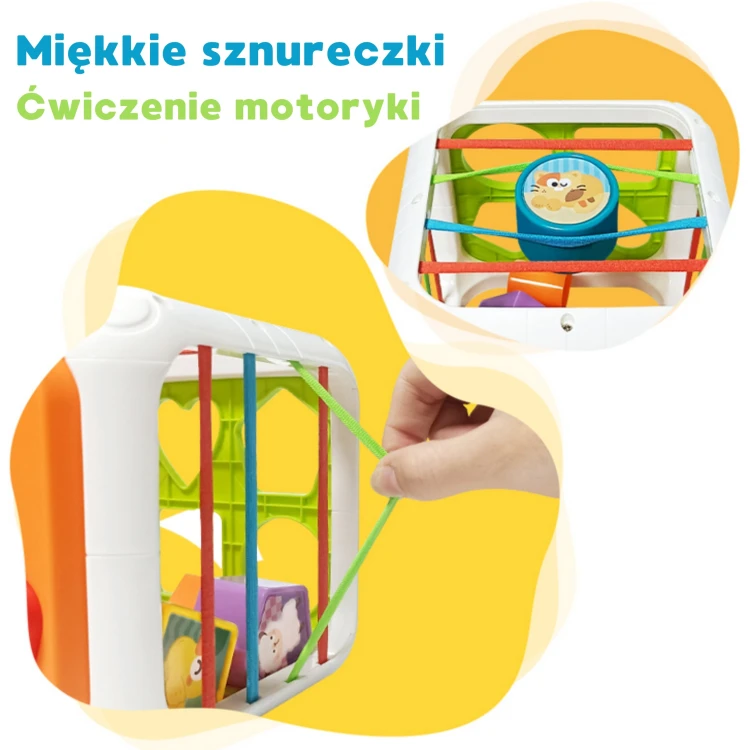 Boczny profil kostki edukacyjnej WOOPIE — panele z obrazkami, obrotowe elementy i informacje dla wieku 18m+ widoczne