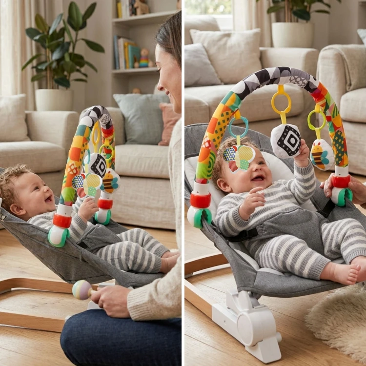Zbliżenie na zaczepy pałąka WOOPIE BABY — miękkie paski i klamry do montażu na wózku