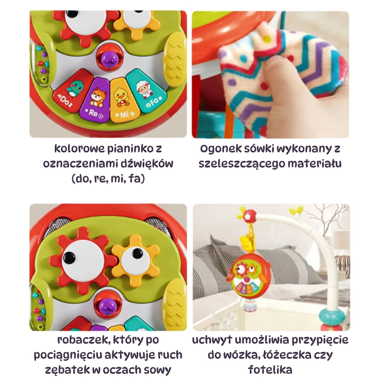 Pełny widok zabawki WOOPIE BABY — sowa pianinko ustawiona na jednolitym tle, cały profil