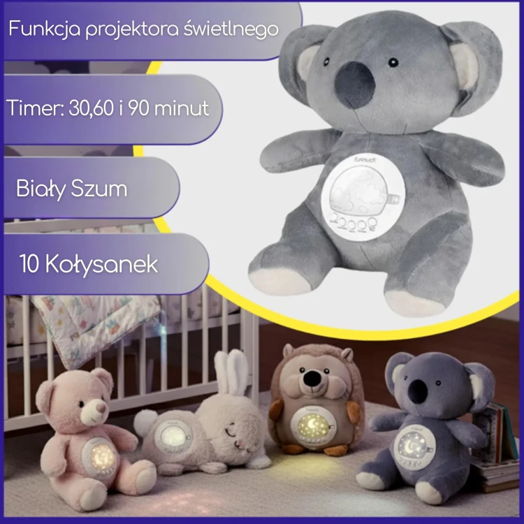 Miś Polarny WOOPIE BABY ustawiony przy lampce nocnej, ujęcie prezentuje przytulny klimat wieczornego rytuału