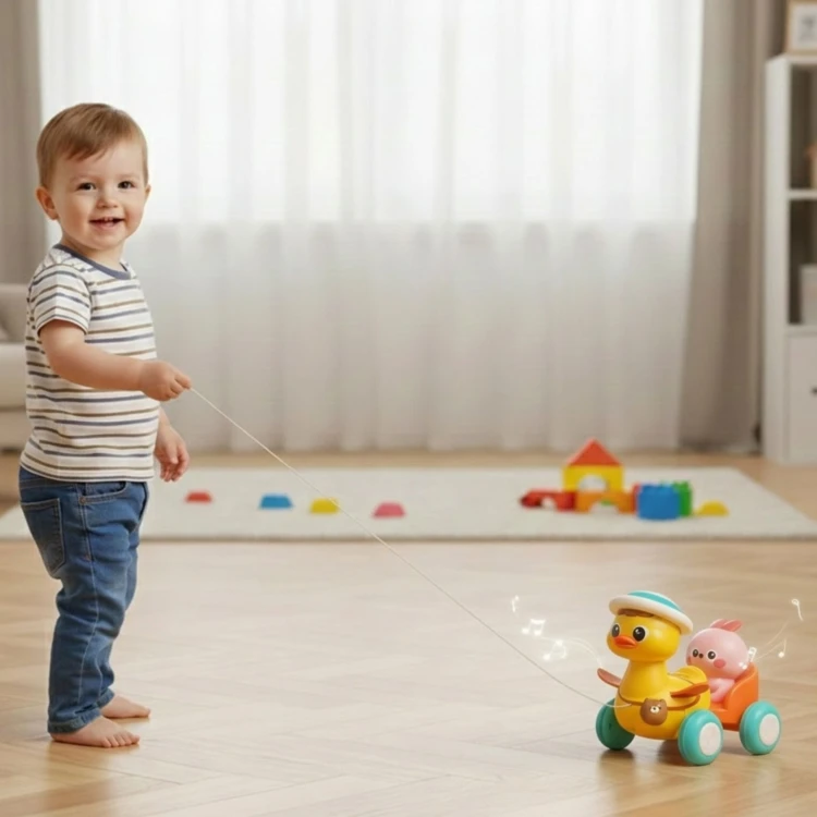 Zbliżenie na twarze żółtej kaczuszki i różowego króliczka z zestawu WOOPIE BABY, intensywne kolory i detale