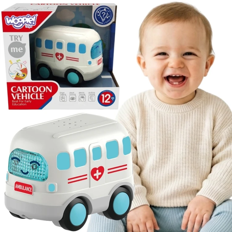 Interaktywna karetka ambulans WOOPIE BABY z efektami świetlnymi i dźwiękowymi na białym tle