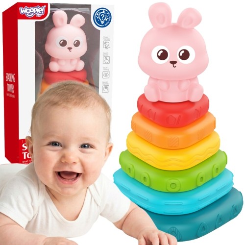 Piramidka sensoryczna Woopie Baby z króliczkiem i 7 elementami w zestawie