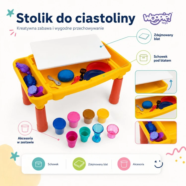 Widok boczny na składany stolik z ciastoliną z uchwytami i organizerami — wygodne przechowywanie WOOPIE