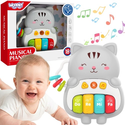 Interaktywne pianinko Woopie Baby w kształcie szarego kotka z kolorowymi klawiszami i ruchomymi kółeczkami