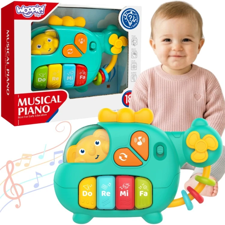 Interaktywne pianinko WOOPIE Baby w kształcie turkusowego helikoptera z muzycznymi przyciskami