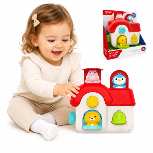Interaktywny domek pop-up Woopie Baby z trzema wyskakującymi zwierzątkami oraz manipulacyjnymi elementami