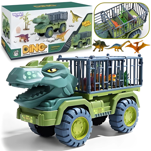 Ciężarówka Dinozaur WOOPIE — kolorowy transporter z figurkami, widok z przodu pokazujący całą zabawkę