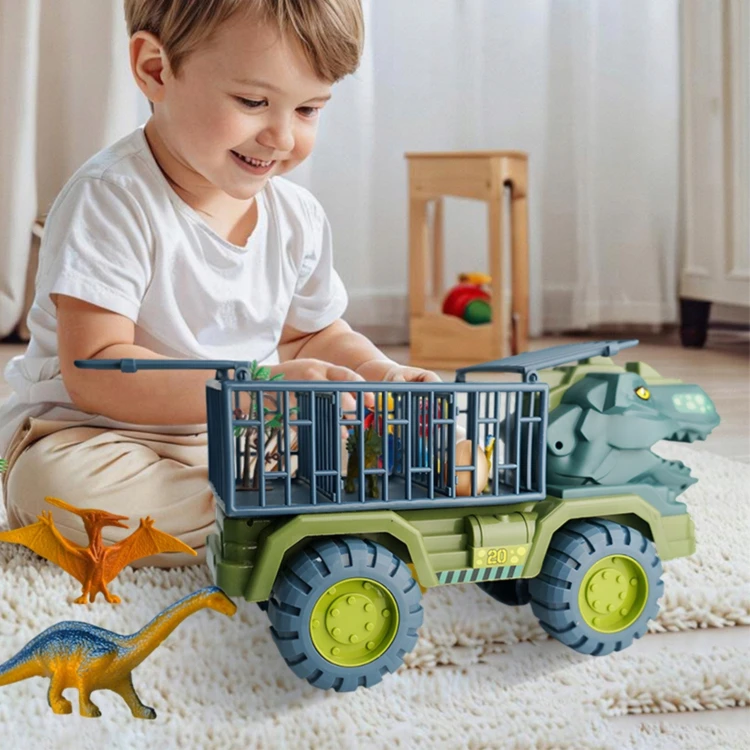 Zbliżenie na figurkę dinozaura WOOPIE — faktura i malowanie postaci stojącej na platformie transportera