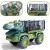 Zestaw figurek obok ciężarówki WOOPIE — różne modele dinozaurów ustawione przy transporterze w aranżacji