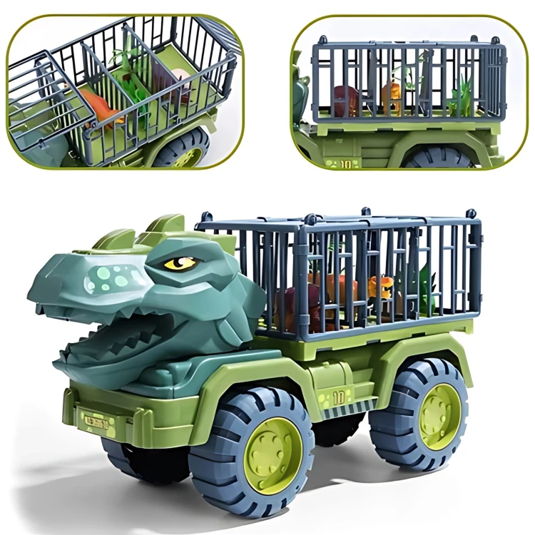 Zestaw figurek obok ciężarówki WOOPIE — różne modele dinozaurów ustawione przy transporterze w aranżacji