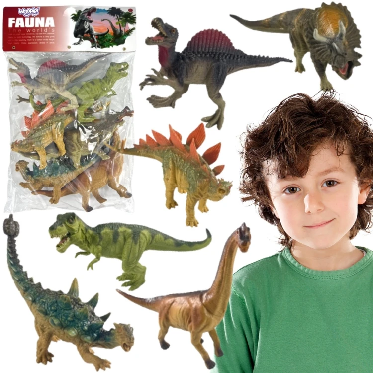 Zestaw figurek dinozaurów WOOPIE, 6 sztuk T-Rex ustawionych w szeregu na białym tle, widok frontalny