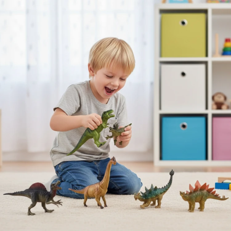 Pokaz skali: figurka T-Rex z zestawu WOOPIE trzymana w dłoni, widoczne proporcje i detale