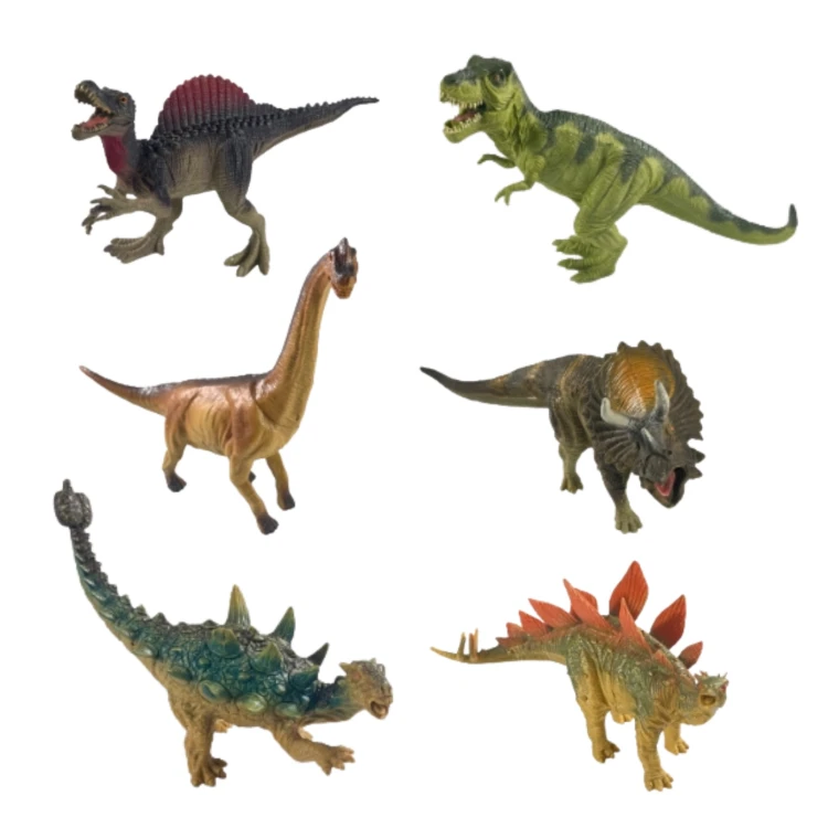 Wszystkie 6 figurek dinozaurów WOOPIE ustawione w scenie zabawy, różne pozy i kierunki patrzenia