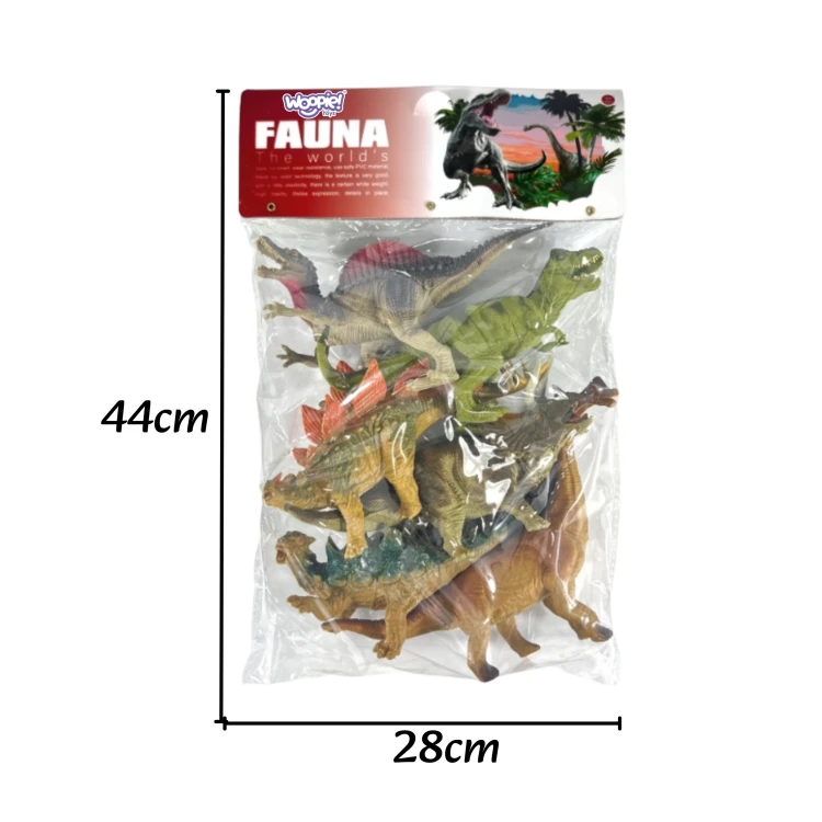 Front opakowania zestawu WOOPIE z 6 figurkami T-Rex — grafika pudełka i informacje o zawartości