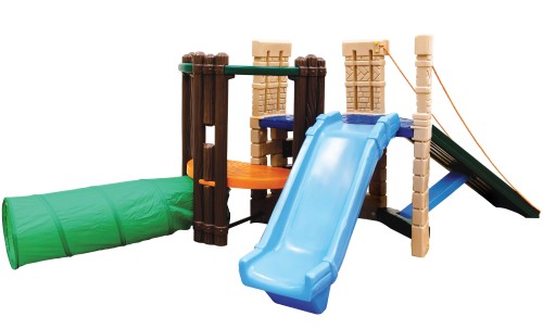 Little Tikes Plac Zabaw Przeplotnia ze Zjeżdżalnią — widok całej konstrukcji z boku, kolorowe stopnie i zjeżdżalnia
