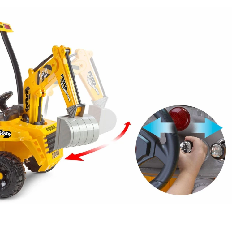 Tył koparki FEBER Super Digger — widoczna pokrywa baterii LT 12V oraz tylne koła i osłony