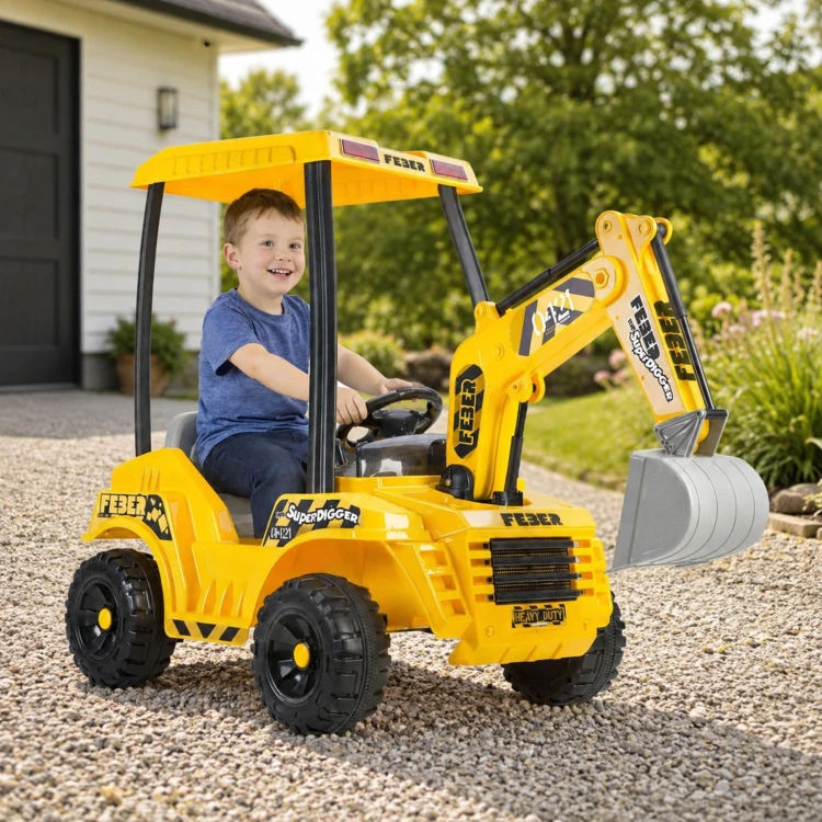 Karton opakowania koparki FEBER Super Digger LT 12V — grafika modelu i podstawowe informacje widoczne na pudełku