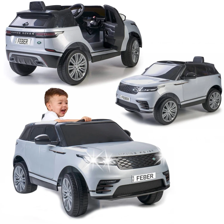 Samochód na akumulator Range Rover Velar 6V FEBER — widok 3/4 pokazujący przednią kratę, reflektory i linie nadwozia
