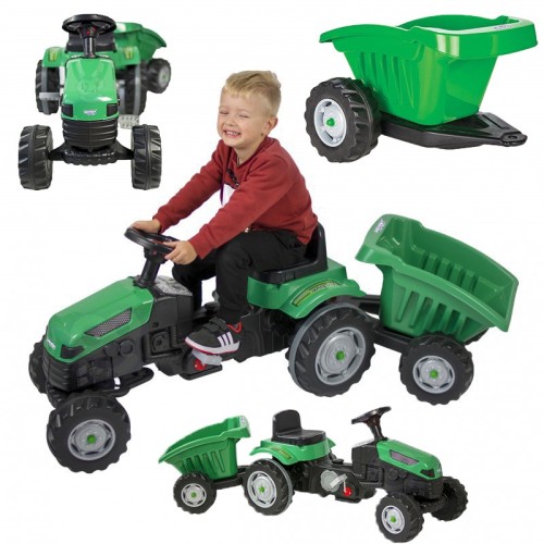 WOOPIE Traktor na pedały Farmer GoTrac MAXI z przyczepą — widok 3/4 z przodu, widać ciche koła