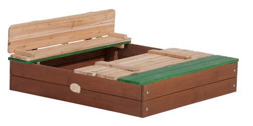 Drewniana piaskownica Ella Sandpit AXI z ławkami, widok z góry na całą konstrukcję i siedziska.