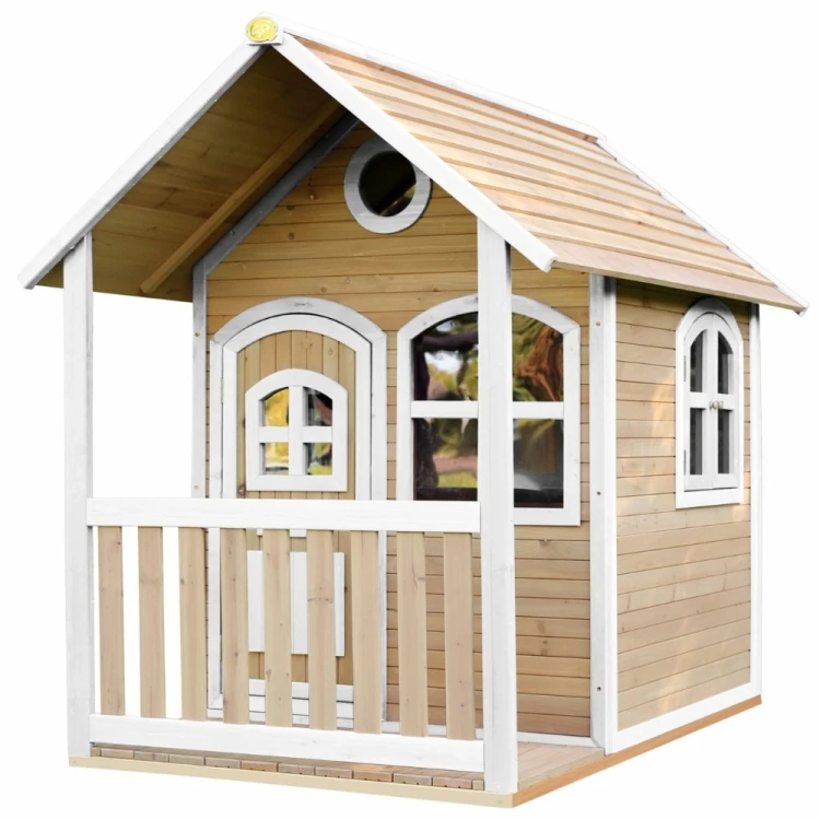 AXI Drewniany domek z oknami Alex Playhouse 178 cm – front z otwartymi drzwiami i tarasem