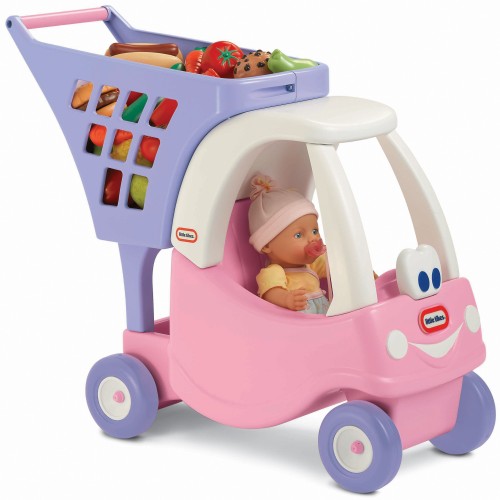 Wózek na zakupy dla dzieci Cozy Coupe Little Tikes — różowy model z uchwytem i pojemnym koszykiem.