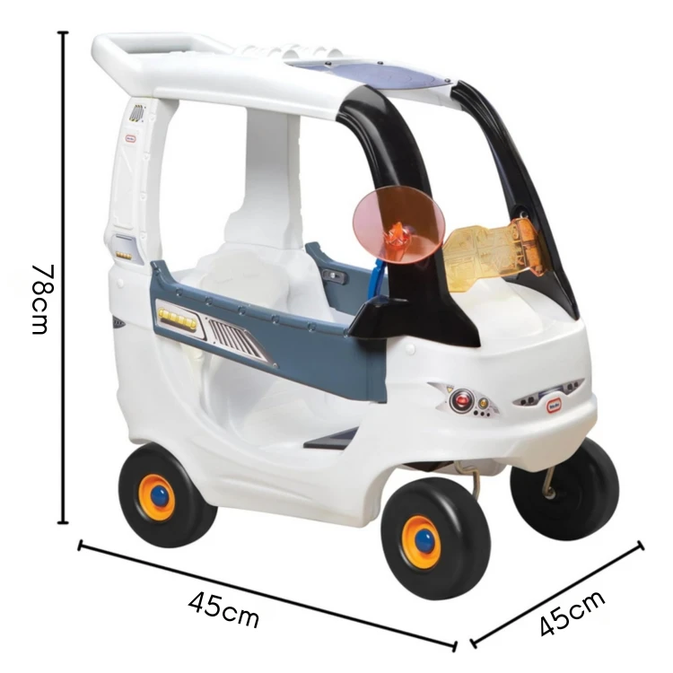 Widok z góry na jeździk Cozy Coupe LITTLE TIKES — kolorowy dach, wlot powietrza i ozdobne detale łazika