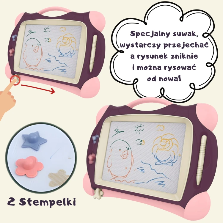 Pokaz działania Znikopisu WOOPIE — stempelki tworzą kolorowe odbicia na powierzchni tablicy
