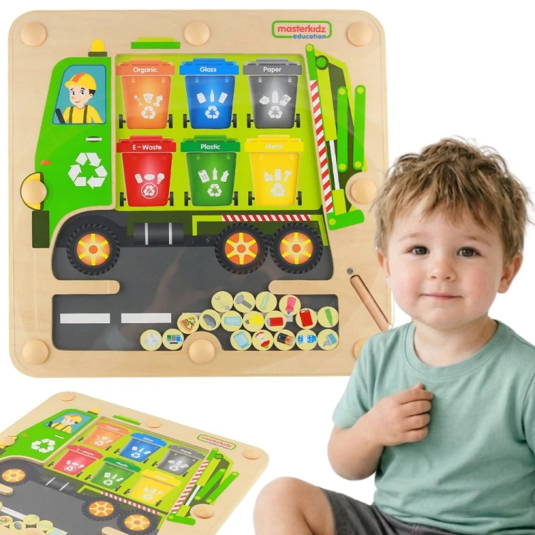 Tablica magnetyczna Segregowanie Odpadów MASTERKIDZ — kolorowa ciężarówka do recyklingu, zabawa Montessori
