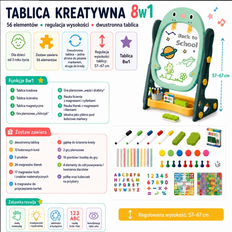 Lewy kąt tablicy WOOPIE — widoczna dwustronna powierzchnia do rysowania i nauki liter i cyfr
