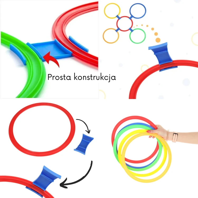 Wszystkie 10 szt pierścieni WOOPIE ułożone na trawie — widoczna różnorodność kolorów i form do zabawy