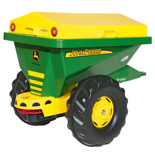 Przyczepa-siewnik 2 w 1 Rolly Toys John Deere — zielona przyczepa do zabawy w ogrodzie z otwieranym tyłem