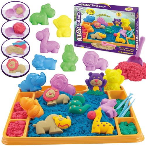 WOOPIE Piasek kinetyczny 1,2 kg Zestaw XL ZOO — kolorowa taca z foremkami gotowa do zabawy sensorycznej