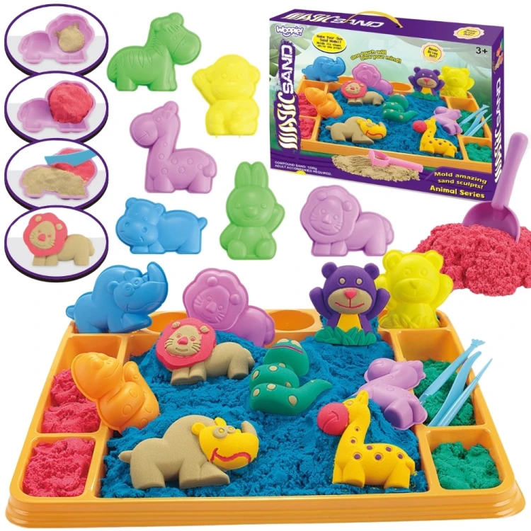 WOOPIE Piasek kinetyczny 1,2 kg Zestaw XL ZOO — kolorowa taca z foremkami gotowa do zabawy sensorycznej