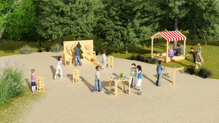 Widok z góry na rozłożone akcesoria stołu edukacyjnego CLASSIC WORLD EDU — kolorowe łyżki i sitka