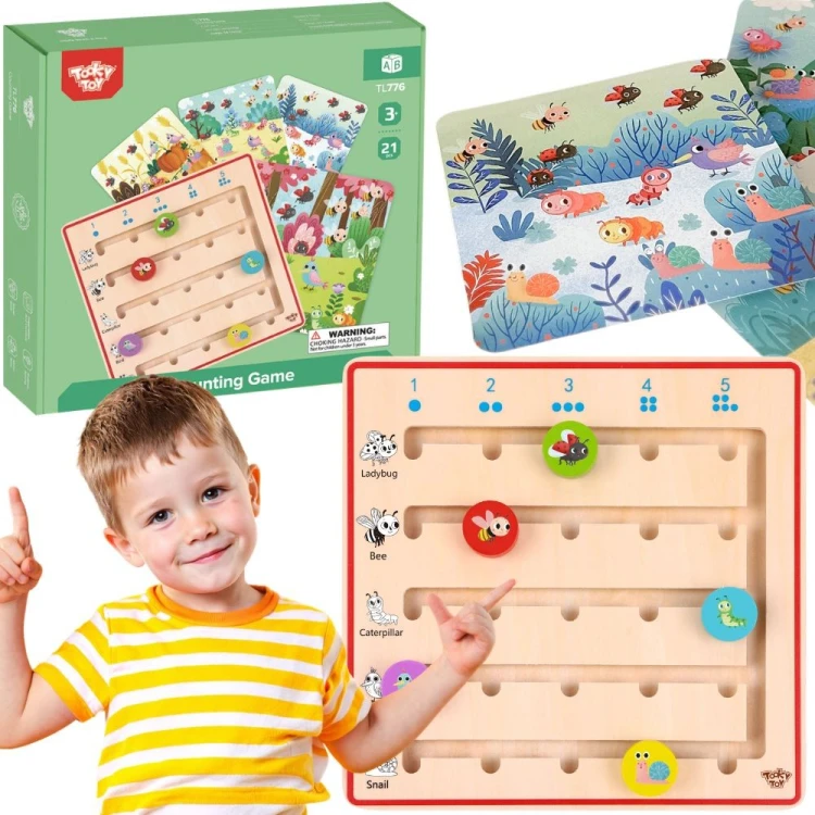 TOOKY TOY Drewniana Gra Nauka Liczenia Zwierzątka 51 — widok kompletnego zestawu z kolorowymi zwierzątkami i planszą