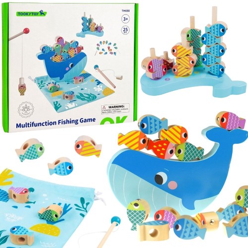 Drewniana gra Wieloryb i Rybki 4 w 1 TOOKY TOY — komplet ułożony, widok z przodu i detale
