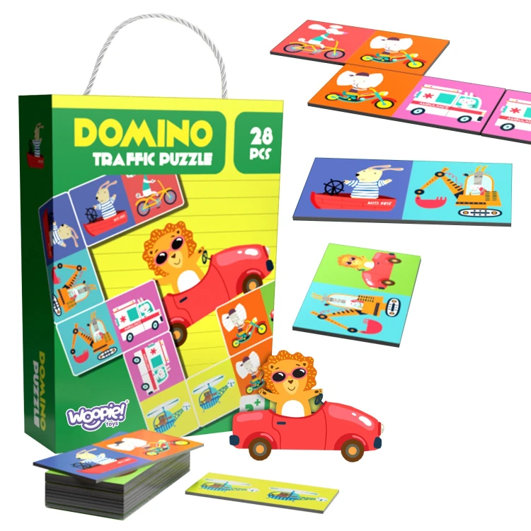 WOOPIE Gra edukacyjna Puzzle Domino Montessori z motywem transportu i zwierząt na kolorowej planszy