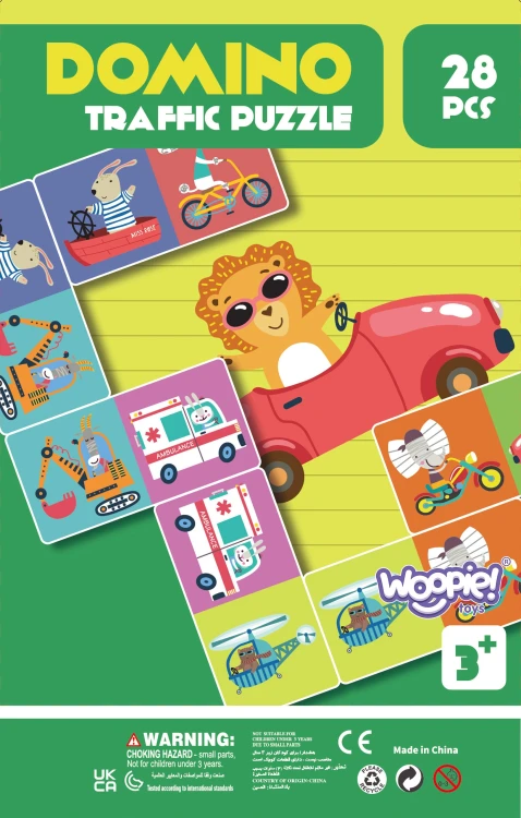 Komplet elementów poukładany obok pudełka — puzzle, domino i karty edukacyjne WOOPIE w scenie