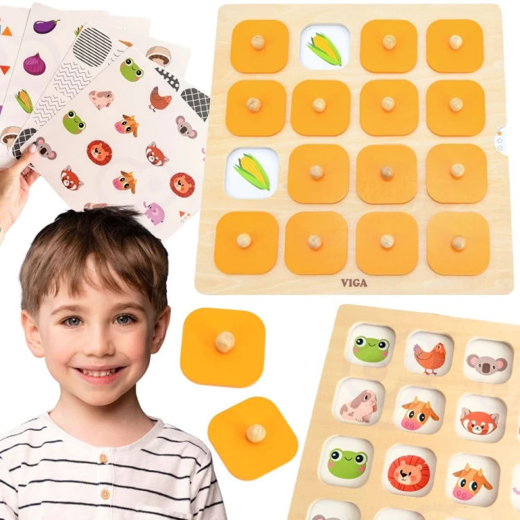 Viga Memory — gra pamięciowa Montessori z 10 kartami ułożonymi na jasnym stole